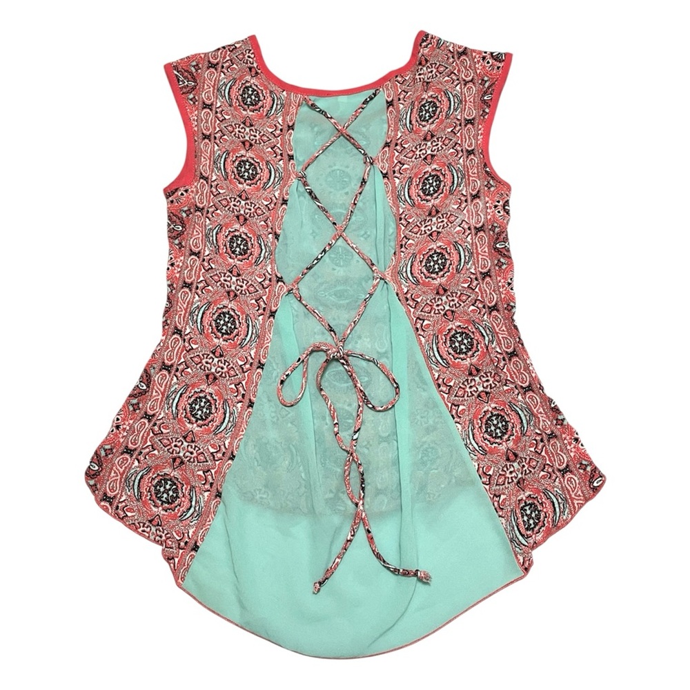 Bon Ami Women's Sleeveless Lace-Up Blouse - Coral Mint Top Blouse size S